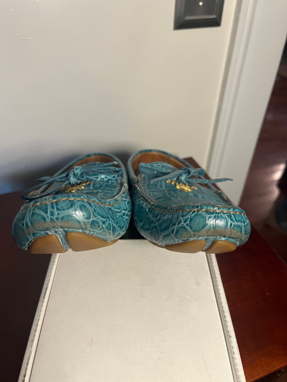 Prada Turquoise Crocodile Pattern Driving Mocs Loafers size 8 - Picture 7 of 8